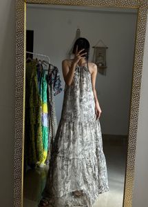 Printed Beige Golden Chiffon Round Neck MAXI