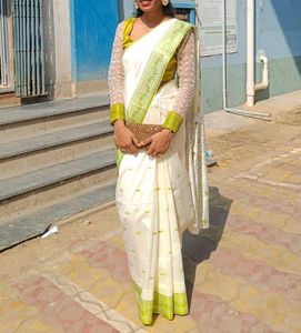 Elegant White &amp; Green Saree