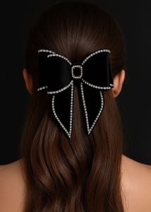 Elegant Black Velvet Crystal Bow Hair Clip