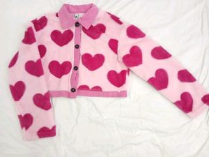 Heart Print Fuzzy Cardigan
