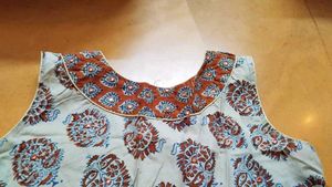 Ethnic blockprint dress with gota+mirror on neck
