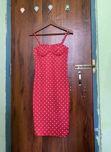Red polka dot midi dress with Fitted Silhouette