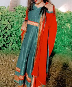 Teal & Red Ethnic Gown With Dupatta