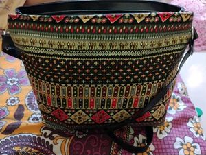 Multicolored Printed Black Faux Leather Sling Bag
