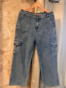 Trendy Wide Leg Cargo Jeans, Waist- 30