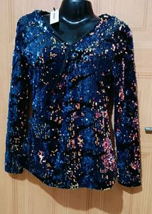 Navy Blue And Gold Stensil Party Wear Top
