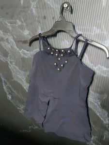 Elegant Dark Blue Pearl-Trimmed Top