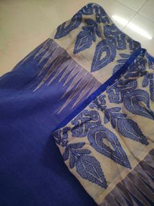Beautiful Navy Blue And Beige Net Cotton Saree