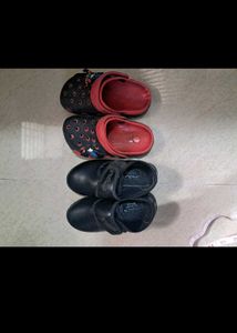 Combo Of Red  Black Clogs And School Shoes