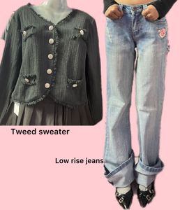 Combo Tweed Blazer Jacket & Low Rise Jeans