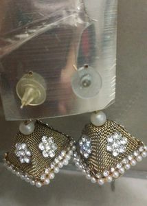 Gold Tone Jhumka Earrings with Pearls