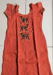 Peach Kurta With Camel Embroidery