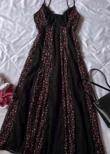 Black Floral Lace Trim Midi Slip Dress