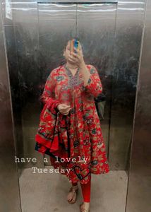 Red Printed Kurta Set with Dupatta