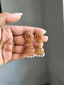 Beautiful Traditional Golden Jhumka With Red Stone