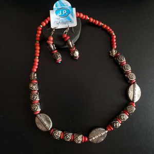 Bohemian Red &amp; Silver Tone Beaded Jewelry Set