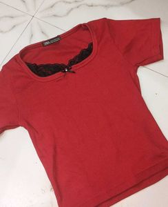 RED ZARA CROP TOP WITH BLACK LACE DETAIL