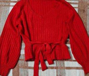 Red Tie-Waist Knit Sweater