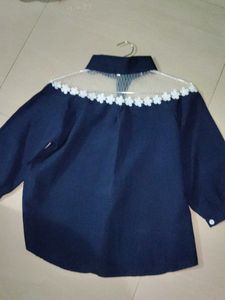 Elegant Navy Blouse with Lace Detail