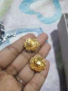 golden studs for women with pink white diamond