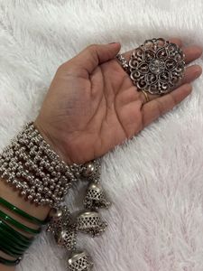 Oxidised Silver Bangle Bracelet With Finger Ring