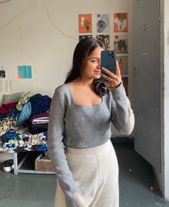 Grey Knit Square Neck Sweater