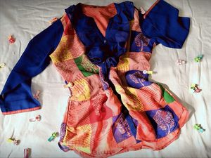V-neck Frill Top With Mix Print