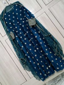 Teal Flore Length Gown With Pant N Dupatta
