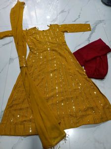 Elegant Yellow Anarkali 3pc Suit Set