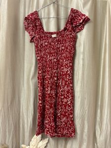 Red Floral Print Smocked Dress
