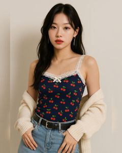 🍒y2k cherry Prints Lace Details Tank Top