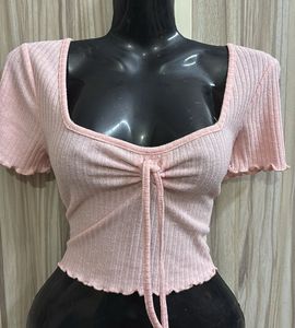Pink Ribbed Tie Front Top