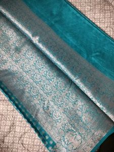 Teal &amp; Silver Brocade Saree