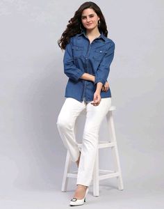 Monte Carlo Women Blue Light Wash Cotton Shirt