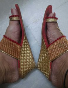 Red &amp; Gold Ethnic Wedge Heels