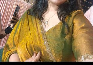Trendy golden Saree with designer blouse