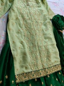 Green &amp; Gold Embroidered Sharara Kameez
