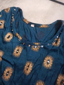Blue Mirror Work Medium Size Long Kurti, Mid Sleev