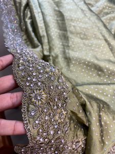 Pista olive green work saree - blouse piece