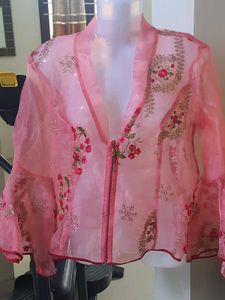 Diwali Pink Organza Embroidered Zipped Coat
