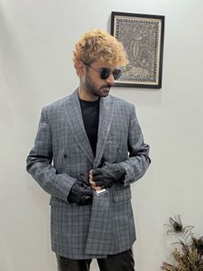 Grey Plaid Double Breasted Blazer
