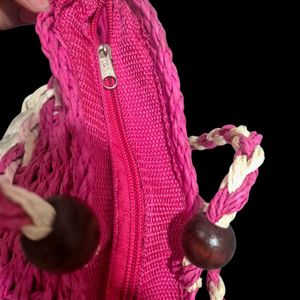 Handmade Pink &amp; White Straw Tote Bag for Women