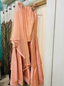 Peach Silk Gown Set with Embroidered Neckline