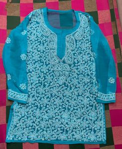 Sky Blue Chikankari Short Kurti