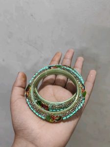 Peacock Teal &amp; Gold Beaded Bangles - Set of 4