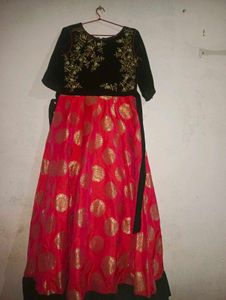 Elegant Embroidered Velvet &amp; Silk Dress