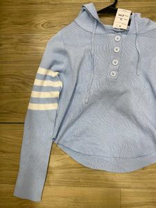 Light Blue Cropped Knit Hoodie - Size - S