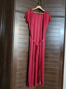 Women Red Satin Lace Nighty With Robe