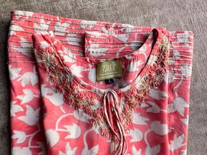 Coral Floral Print Kurti Set With Dupatta