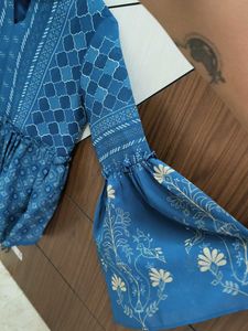 GLOBAL DESI Blue Peplum Bell Sleeves Top